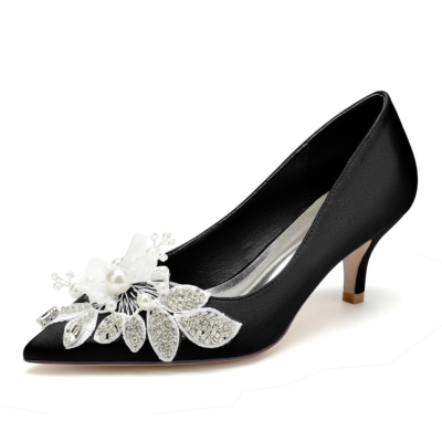 Black Flower Jeweled Pumps Kitten Heels Satin Bridesmaids Wedding Shoes