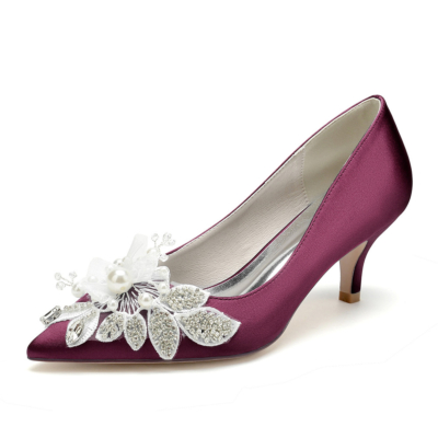 Burgundy Flower Jeweled Pumps Kitten Heels Satin Bridesmaids Wedding Shoes