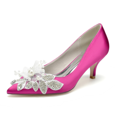 Magenta Flower Jeweled Pumps Kitten Heels Satin Bridesmaids Wedding Shoes