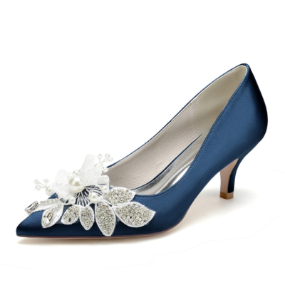 Dark Blue Flower Jeweled Pumps Kitten Heels Satin Bridesmaids Wedding Shoes