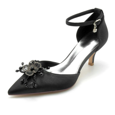 Black Flower Satin D'orsay Pumps Ankle Strap Low Heels For Date