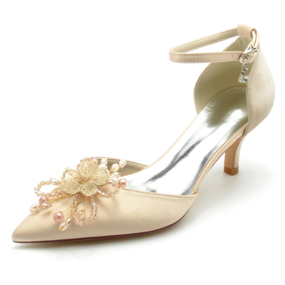 Champagne Flower Satin D'orsay Pumps Ankle Strap Low Heels For Date