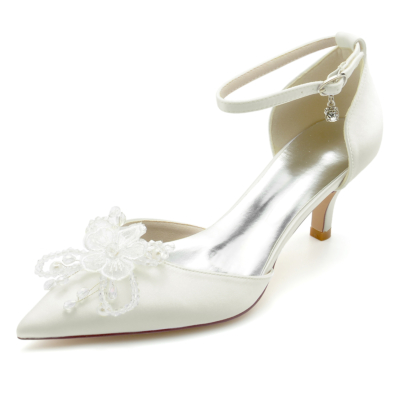 Ivory Flower Satin D'orsay Pumps Ankle Strap Low Heels For Date