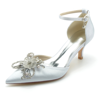 Grey Flower Satin D'orsay Pumps Ankle Strap Low Heels For Date