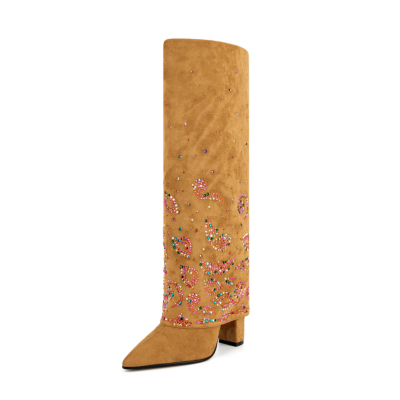 Brown Fold Over Boots Sequin Block Heel Knee High Boots For Party