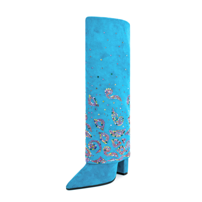 Blue Fold Over Boots Colorful Sequin Block Heel Knee High Boots For Party