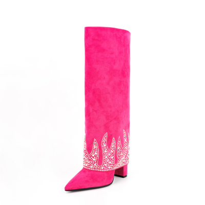 Fuchsia Fold Over Boots Sequin Block Heel Knee High Boots For Party