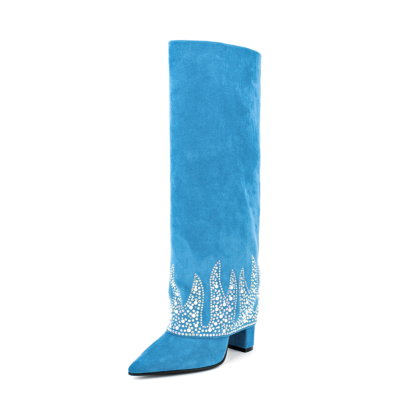 Blue Fold Over Boots Sequin Block Heel Knee High Boots For Party