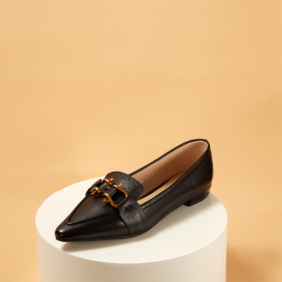 Black Genuine Leather Pointy Toe Flats Women's Loafer Shoes