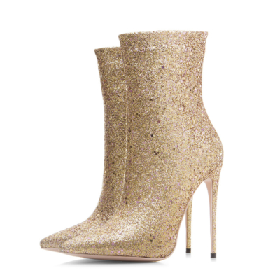 Golden Glitter Stiletto High Heels Sock Boots Stretch Elastic Dress Ankle Booties