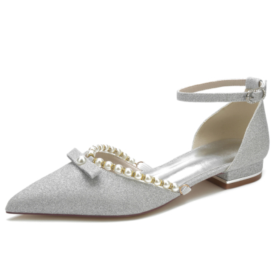 Silver Glitter Bow and Pearl Pointed Toe Ankle Strap Flat Shoes