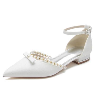 White Glitter Bow and Pearl Pointed Toe Ankle Strap Flat Shoes