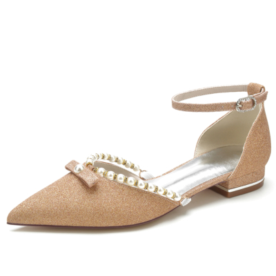 Gold Glitter Bow and Pearl Pointed Toe Ankle Strap Flat Shoes