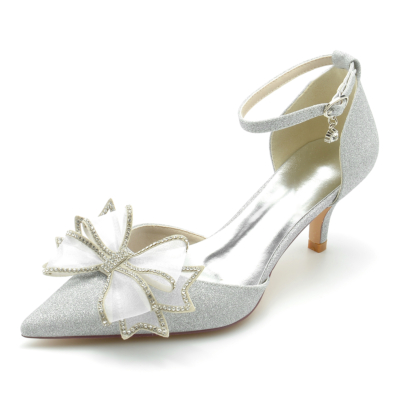 Silver Glitter Bow Pumps D'orsay Kitten Heels Sequined Shoes For Wedding