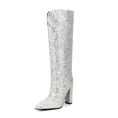 Glitter Chunky Heel Knee High Boots V-Cut Sequin Boots Heels for Party