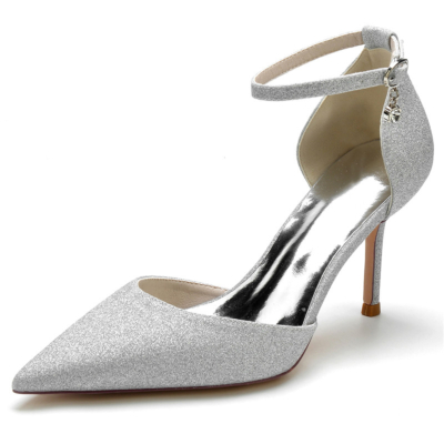 Silver Glitter D'orsay Heels Sequin Ankle Strap Stiletto Heel Pumps