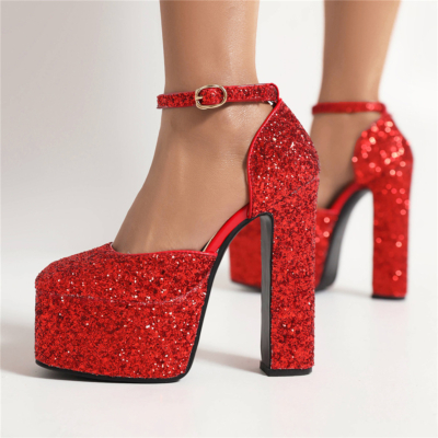 Red Glitter D'orsay Pumps Sequin Block Heels Ankle Strap Dresses Shoes
