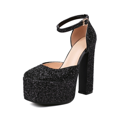 Black Glitter D'orsay Pumps Sequin Block Heels Ankle Strap Dresses Shoes