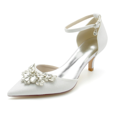 White Glitter Embellished D'orsay Pumps Kitten Heels Shoes With Ankle Strap