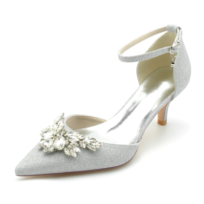 Silver Glitter Embellished D'orsay Pumps Kitten Heels Shoes With Ankle Strap