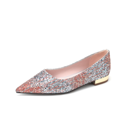 Red and Sliver Glitter Flats Pointed Toe Sequined Pumps Work Shoes for Women