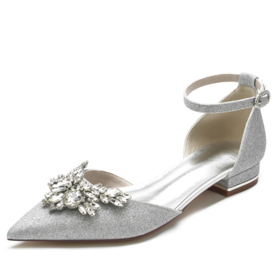Silver Glitter Jeweled D'orsay Flats Ankle Strap Rhinestone Wedding Shoes