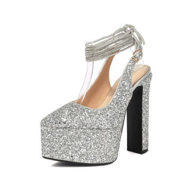 Silver Glitter Lace Up D'orsay Pumps Platform Block Heels Sequin Wedding Shoes