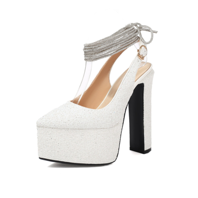 White Glitter Lace Up D'orsay Pumps Platform Block Heels Sequin Wedding Shoes