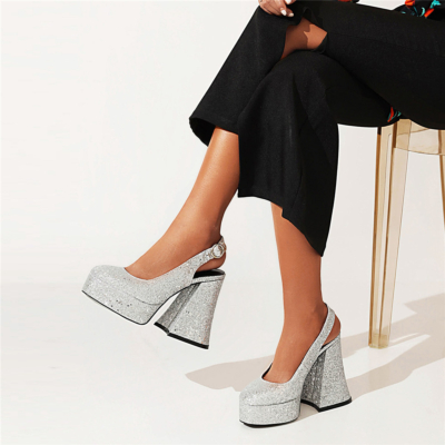 Glitter Platform Slingback Shoes Chunky Heel Sequin Almond Toe Pumps