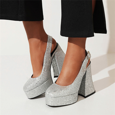 Silver Glitter Platform Slingback Shoes Chunky Heel Sequin Almond Toe Pumps