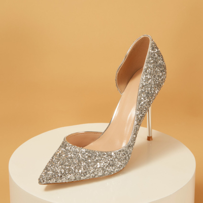 Up2step Silver Glitter Pointed Toe D'orsay Stiletto Heel Sequin Pumps