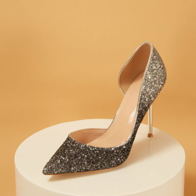 Up2step Black&Silver Gradient Glitter Pointed Toe D'orsay Stiletto Heel Sequin Pumps