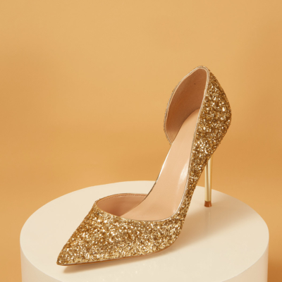 Up2step Golden Glitter Pointed Toe D'orsay Stiletto Heel Sequin Pumps