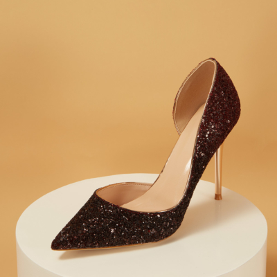 Up2step Burgundy Glitter Pointed Toe D'orsay Stiletto Heel Sequin Pumps