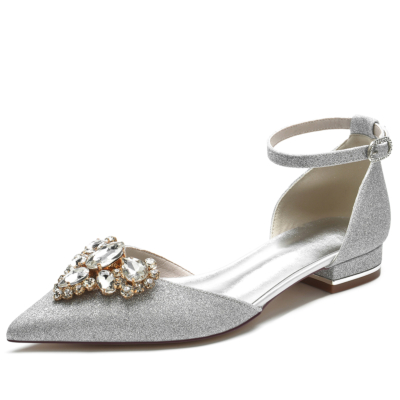 Silver Glitter Pointed Toe Flat Ankle Strap Shoes