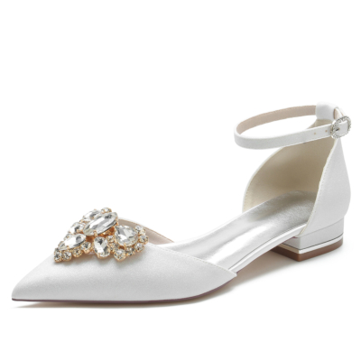 White Glitter Pointed Toe Flat Ankle Strap Shoes