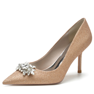 Champange Glitter Pointed Toe Rhinestone Stiletto Heel Wedding Shoes