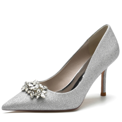Silver Glitter Pointed Toe Rhinestone Stiletto Heel Wedding Shoes