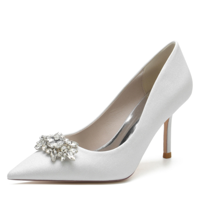 White Glitter Pointed Toe Rhinestone Stiletto Heel Wedding Shoes