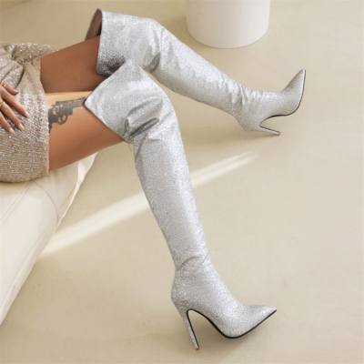 Silver Glitter Pointed Toe Stiletto Heel Over the Knee Boots