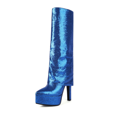 Royal Blue Glitter Pointed Toe Stiletto Heel Platform Over the Knee Boots