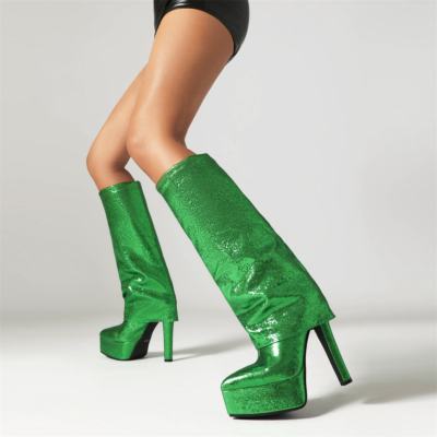 Green Glitter Pointed Toe Stiletto Heel Platform Over the Knee Boots