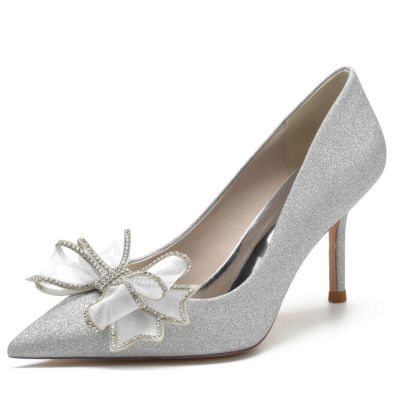 Silver Glitter Pointed Toe Stiletto Heel Bow Wedding Pumps