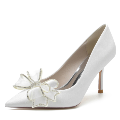 White Glitter Pointed Toe Stiletto Heel Bow Wedding Pumps