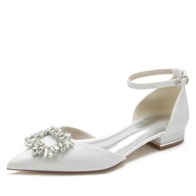 White Glitter Rhinestones Buckle Ankle Strap D'orsay Flats Comfy Flat Shoes