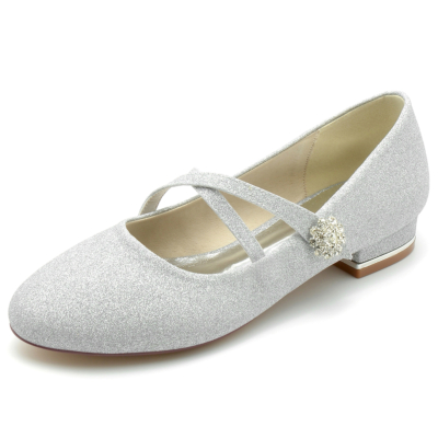 Silver Glitter Round Toe Cross Strap Mary Jane Flats Wedding Shoes