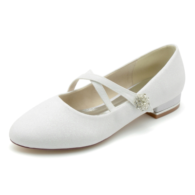 White Glitter Round Toe Cross Strap Mary Jane Flats Wedding Shoes