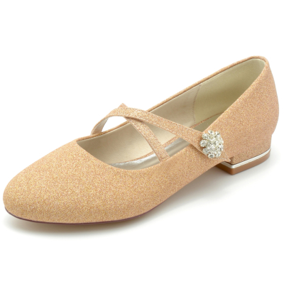 Gold Glitter Round Toe Cross Strap Mary Jane Flats Wedding Shoes