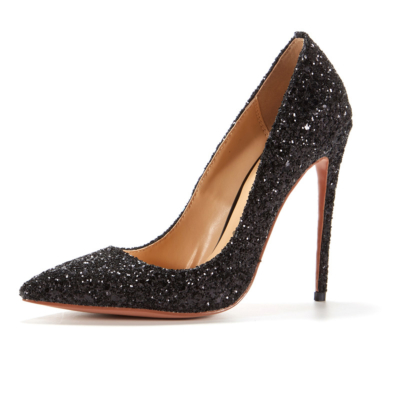 Black Glitter Wedding Stiletto High Heel Pointed Toe Sequin Shoes
