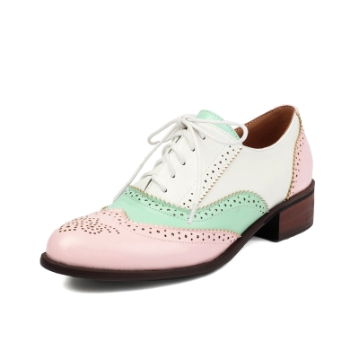Pink and Green Wingtip Round Toe Lace up Dress Flat Women's Oxford Shoes
